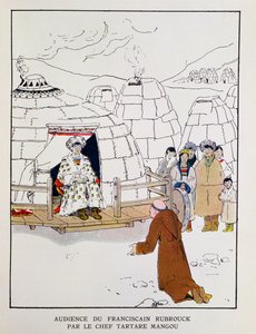 Vilhelm Rubruck (noin 1200-1256) tataaripäällikkö Mangun edessä vuonna 1251, Georges Goyaun (1869-1939) teoksesta "A la Conquete du Monde Paien", 1933 (värilitro)