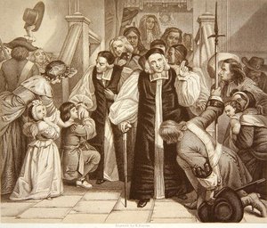 Seitsemän piispan vapauttaminen oikeudenkäynnin jälkeen Westminster Hallissa 29. kesäkuuta 1688, kaiverrettu H.Bourne (kaiverrus). tekijältä Edgar Melville (after) Ward