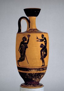 Ullakon mustahahmoinen lekythos, jota koristaa nuorelle palloa heittävä vanha mies, n. 500 eKr. (keramiikka) tekijältä Edinburgh Painter