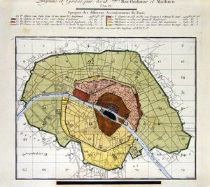 Yksityiskohta Atlas du Plan General de la Ville de Parisista, joka näyttää erilaiset lisäykset kaupungin historian aikana tekijältä Edme Verniquet