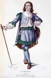 Dorante-hahmo komediassa Le Menteur - Full Theatre: (Corneillen näytelmien kokoelma) Geffroyn piirustus, L. Wolffin kaiverrus - toim. Laplace, Sanchez et Cie, Pariisi 1884