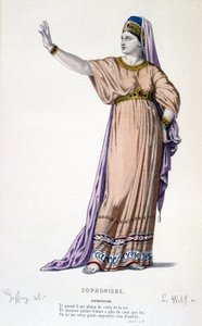 Sophonisben hahmo tragediassa Sophonisbe - Täysi teatteri: (Corneillen näytelmien kokoelma) Geffroyn piirustus, L. Wolffin kaiverrus - toim. Laplace, Sanchez et Cie, Pariisi 1884 tekijältä Edmond Aime Florentin Geffroy