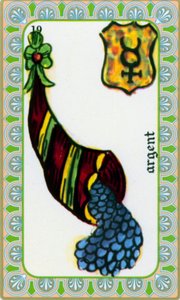 Magus tarot Belline piirtänyt Edmond Billaudot c. 1845 ja annettiin selvänäkijä Bellinelle uudelleen liikkeeseen laskettavaksi: rahakortti: kolikot runsauden sarvessa tekijältä Edmond Billaudot