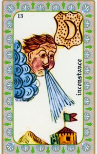 Magus tarot Belline piirtänyt Edmond Billaudot c. 1845 ja annettiin selvänäkijä Bellinelle uusintajulkaisua varten: epävakaisuuden kortti: tuuli puhaltaa tekijältä Edmond Billaudot