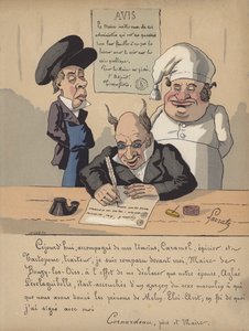 Pormestari kirjoittaa ilmoitusta (väri litho)