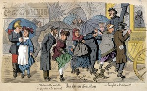 Omnibussiasema sateessa - Lavraten humoristinen piirros noin vuodelta 1880