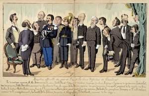 Lavraten sarjakuva ranskalaisesta yhteiskunnasta: eri hahmoja julkishallinnosta, hallintopalveluista... virallisessa vastaanotossa. 1880