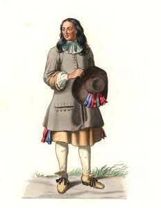 Ranskalainen talonpoika 1600-luvulla, Jean Saint Jeanin vuodelta 1679 tehdyn kaiverruksen jälkeen - Litografia Edmond Lechevallier-Chevignardin (1825-1902) kuvituksesta "Costumes historiques des 16e" tekijältä Edmond Lechevallier Chevignard