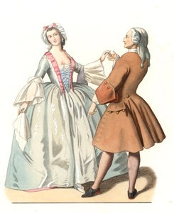 Tanssimestari ja nuori venetsialainen, tanssilekon Italiassa 1700-luvulla, perustuu Pietro Longhin (1701-1785) maalaukseen - Edmond Lechevallier-Chevignardin (1825-1902) kuvitukseen perustuva litografia, poimittu "" Historical Costumes of -kokoelmasta 16.  tekijältä Edmond Lechevallier Chevignard