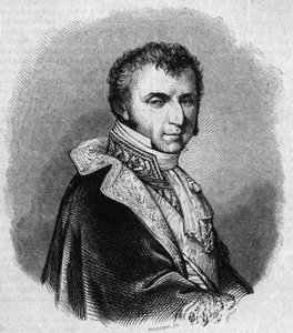 Ranskalaisen poliitikon Nicolas Francois Mollienin (1758-1850) muotokuva. Kaiverrus Chevignard in "" The Picturesque Store"" tekijältä Edmond Lechevallier Chevignard