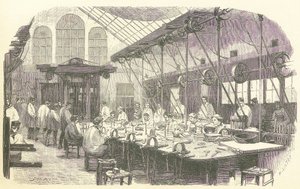 Hopeasepät töissä Christophle Flatware Factoryssa Pariisissa, pubissa. 1875 (kaiverrus) tekijältä Edmond Morin