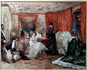 Teatterikoomikko Hortense Schneider (1833-1920), Jacques Offenbachin (1819-1890) rakastajatar, edustaa vasemmalla pukuhuoneessaan Theater des varetesissa. Edmond Morinin (1824-1882) akvarelli 1873 Compiegne, linnamuseo tekijältä Edmond Morin