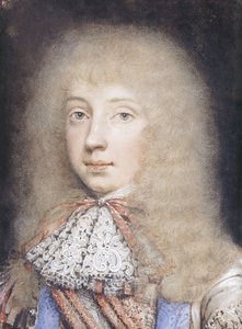 Edward Stuartin muotokuva, rinnan pituus, kiiltävät hiukset ja pitsi tekijältä Edmund Ashfield