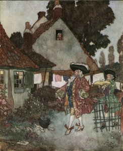 Tuhkimo (Tuhkimo): ministeri etsii valtakunnan kaikista mökeistä ja taloista tyttöä, joka on kadottanut kenkänsä n.1910 (litografia). tekijältä Edmund Dulac