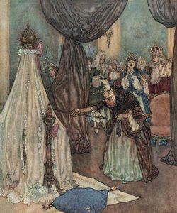 Nukkuva Kaunotar: Vanha maksumies kumartuu prinsessan sängyn yli ja kiroaa häntä, n.1910 (litografia).