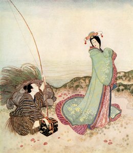 "Urashima oli niin lumoutunut, ettei pystynyt puhumaan sanaakaan", kuvitus japanilaisesta sadusta The Story of Urashima Taro (Urashima Taron tarina), Edmund Dulacin teoksesta Fairy-Book: Fairy Tales of the Allied Nations, julkaistu vuonna 1916.