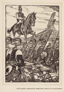 Keisarin seppele: "Ave Kaiser, Imperator Moriture, Mortui Te Salutamus" (litografia). tekijältä Edmund Joseph (after) Sullivan