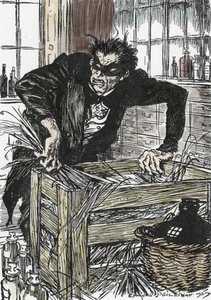 Tohtori jekyll etsii epätoivoisesti jauhoja, joiden avulla hän voisi hävetä herra Hyden hahmoaan, kuvitus Edmund Joseph Sullivanin (1869-1933) romaanille L