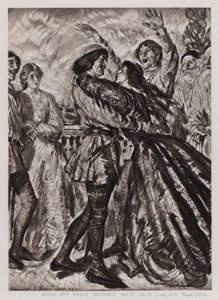 Paljon melua tyhjästä, näytös V, Sc 4 (litho) tekijältä Edmund Joseph Sullivan