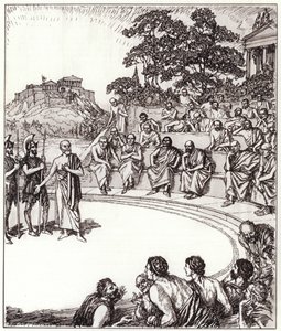 Sokrates tuomareidensa edessä (litho) tekijältä Edmund Joseph Sullivan