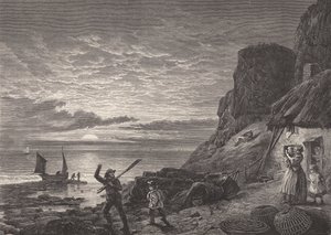 Kalastajat isä ja poika hyvästelevät perheensä (kaiverrus) tekijältä Edmund Morison (after) Wimperis