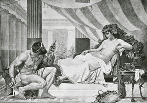Hercules Omphalen jalkojen juurella (litografia) tekijältä Edouard-Joseph (after) Dantan