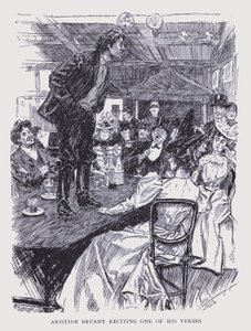 Boheemi Pariisi: Aristide Bruant lausuu yhtä säkeistöstään (litografia). tekijältä Edouard Alfred (1875 1954) Cucuel