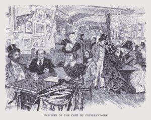 Boheemi Pariisi: Cafe du Conservatoire -ravintolan tavat (litografia)