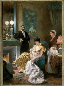 Ennen tanssiaisia Iltapuvussa pukeutunut äiti syöttää vauvansa rintaan ennen kuin lähtee ulos miehensä kanssa ja jättää vauvan piikalle. Edouard Debat Ponsanin (1847-1913) maalaus. 1886. Fine Arts Museum Tours