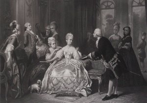 Christoph Willibald Gluck luovuttaa kuningatar Marie Antoinettelle oopperan..., partituurin Trianonissa.