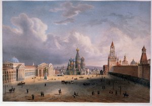 Näkymä Punaiselle torille Moskovassa (Venäjä). Edouard Jean Marie Hosteinin (1804-1889) teos, akvarellivärinen litografia, noin 1830, 1800-luvun ranskalaista taidetta. A. Pushkinin muistomuseo, Pietari. tekijältä Edouard Jean Marie Hostein