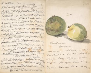 Kirje Eugène Mausille, koristeltu kahdella omenalla, 2. elokuuta 1880. tekijältä Édouard Manet