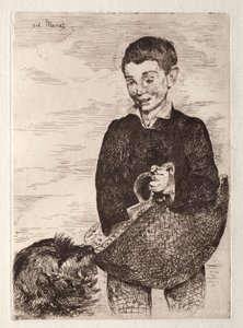 Lapsi koiran kanssa ostoskassin kanssa. tekijältä Édouard Manet