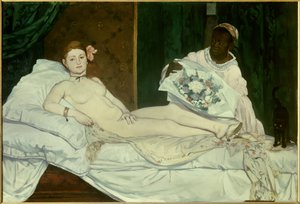Olympia Nuori nainen alasti sängyssä musta piika tuomassa hänelle kukkakimpun. Edouard Manet