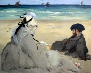 Rannalla Suzanne Manetin, taiteilijan vaimon ja hänen veljensä Eugenen edustus Berck sur mer -rannalla (Berck-sur-Mer). Edouard Manet