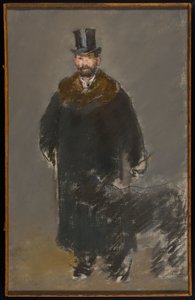 Mies koiran kanssa, n. 1882 (pastelli kankaalle, harmaa guassipohja) tekijältä Édouard Manet