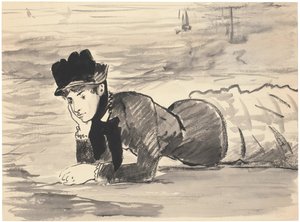 Nainen makaa rannalla. Annabel Lee, noin 1881 tekijältä Édouard Manet