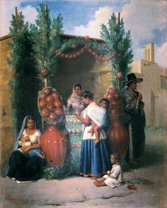 Kohtaus lähellä virvokebaaria kadulla Meksikossa: nainen imettää lastaan, toinen juo juotavaa ja kantaa lastaan ​​selässään, lapsi leikkii maassa. Edouard Pingretin (1788-1875) maalaus, 1800-luvun puoliväli. Mexico City. Kansallispankki