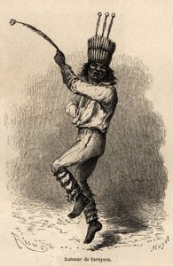 Tanssija Sarayacussa (Peru), piirtänyt Riou havainnollistamaan Paul Marcoyn matkaa Tyyneltämereltä Atlantin valtamerelle vuosina 1848–1860. Kaiverrus kirjaan "" Le tour du monde", toimittanut Edouard Charton tekijältä Edouard Riou