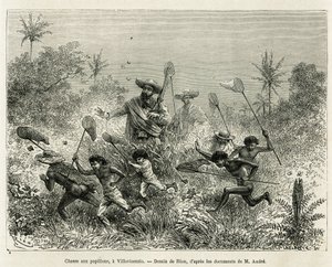 Lapsijoukko metsästi perhosia, mukana kirjailija, Villavicensio (Kolumbia), piirtänyt Riou havainnollistamaan tarinaa Equinoxiale Americasta (Kolumbia, Ecuador, Peru) vuosina 1875-1876, kirjoittanut Ed. andre, F:n tehtävästä vastaava matkustaja tekijältä Edouard Riou