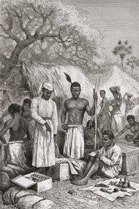 Abdullah Souzi, Jacob Wainright ja James Chouma, tohtori David Livingstonen kolme palvelijaa, arvioivat hänen omaisuuttaan hänen kuolemansa jälkeen vuonna 1873, kuvitus teoksesta "The World in the Hands", kaiverrettu Charles Barbant tekijältä Edouard Riou