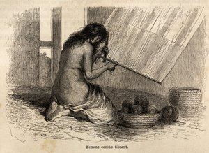 Intialainen Conibo Perusta, kudonta, Rioun piirustus kuvaamaan P. Marcoyn matkaa Tyyneltä valtamereltä Atlantin valtamerelle vuosina 1848–1860. Kaiverrus kirjassa "" Le tour du monde", toimittanut Edouard Charton tekijältä Edouard Riou
