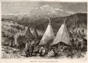 Intiaanileiri Utahin alueella Riviere Verten rannalla. Kaiverrus E. Rioun piirustuksen jälkeen havainnollistamaan William Hepworth Dixonin tarinaa La conquete blanche, vuonna 1875, julkaistu "" Le tour du monde""" 1876, toimittanut Edouard Charto tekijältä Edouard Riou