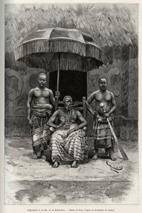 Ardjoumani (kuoli 1892) ja hänen poikansa, Bondoukoun kuningas (Norsunluurannikko). Rioun kaiverrus havainnollistamaan kapteeni Louis Gustave Bingerin (1856-1936) tarinaa "" Nigeristä Guineanlahdelle" vuosina 1887-1889, Le tour du monde, nouveau journal de tekijältä Edouard Riou