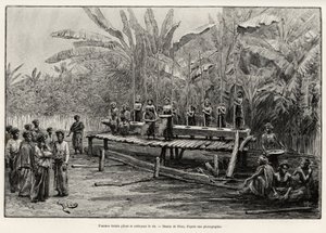 Batak-naiset, pohjoisen Sumatran etninen ryhmä, jyskyttävä ja puhdistava riisiä. Rioun kaiverrus havainnollistamaan tarinaa "vuosi Malesiassa", Jules Claine (1856-1939) tekijältä Edouard Riou