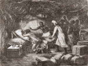 Tohtori Livingstonen kuolema Tchitammbon kylässä Afrikassa vuonna 1873, kuva teoksesta "The World in the Hands", julkaistu 1878 tekijältä Edouard Riou