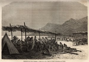 Ruoan jako Keauhoussa vuoden 1868 maanjäristyksen ja tulivuorenpurkauksen jälkeen katastrofin uhreille, kaiverrus E.Rioun piirustuksen jälkeen, joka havainnollistaa C. de Varignyn matkaa Sandwichsaarille vuosina 1855-1869 julkaistu "" Le tekijältä Edouard Riou