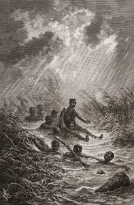 Tohtori David Livingstone kantoi suon läpi hänen Afrikan-retkellään vuonna 1872, kuvitus teoksesta "Maailma käsissä", kaiverrettu Charles Laplante tekijältä Edouard Riou