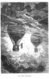Piirros Jules Vernen kirjasta "Five weeks en Ballon" -kokoelma Hetzel/Extraordinary Travels. Victoria Balloon kohtaa toisen ilmapallon pilvissä