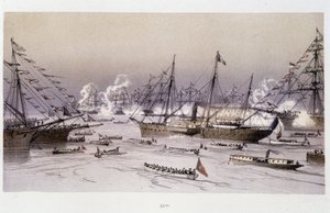 Kotkan sisäänkäynti Port Saidiin Suezin kanavan avajaisia varten - Rioun, Marius Fontainen "Suezin kannaksen läpi" tekijältä Edouard Riou